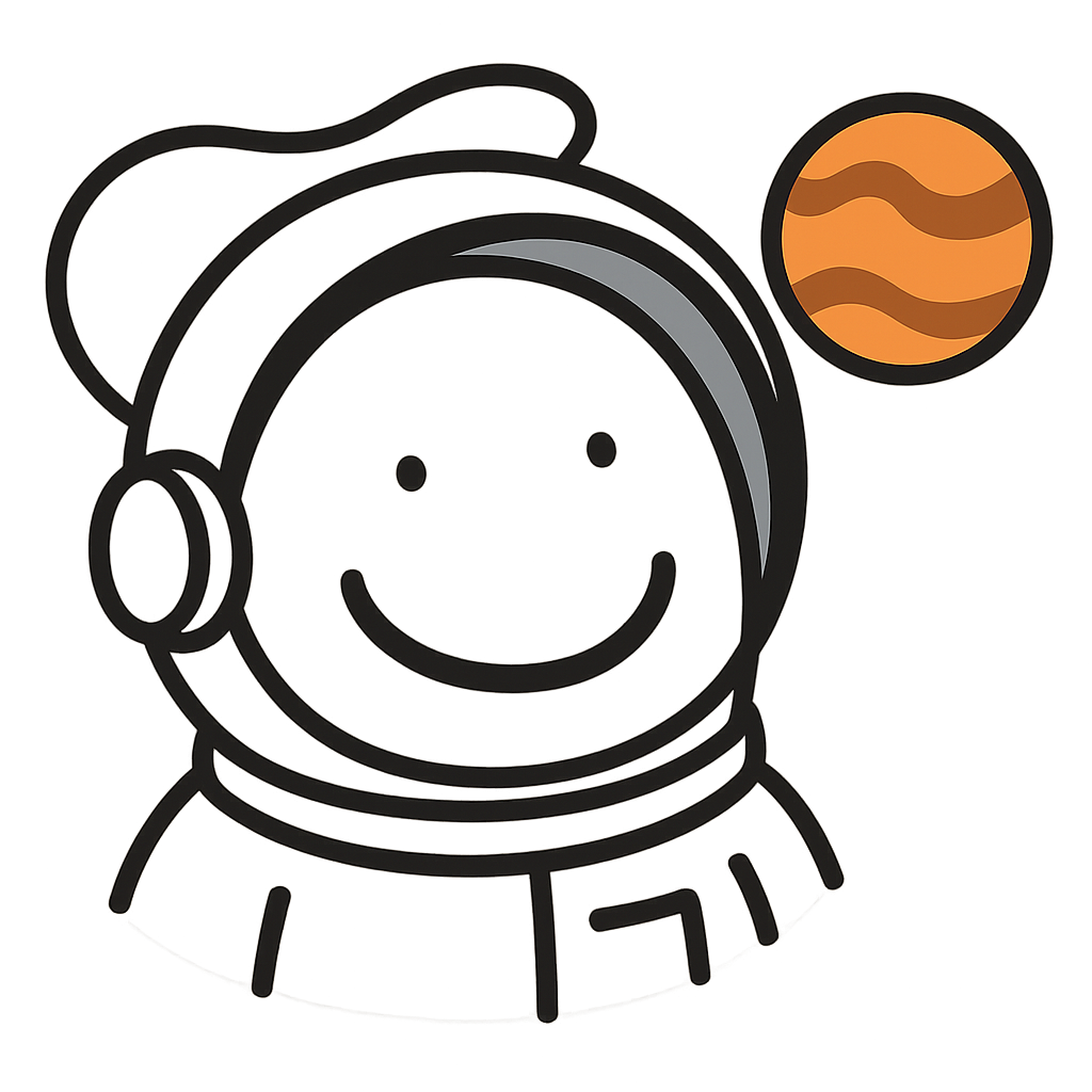 Chip reimagined as: astronaut floating with a small planet